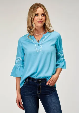Versatile Picks Roper Womens Bell Sleeve Embroidery Blue 100% Polyester S/S Blouse Roper Womens Bell Sleeve Embroidery Blue 100% Polyester S/S Blouse Textured Finish