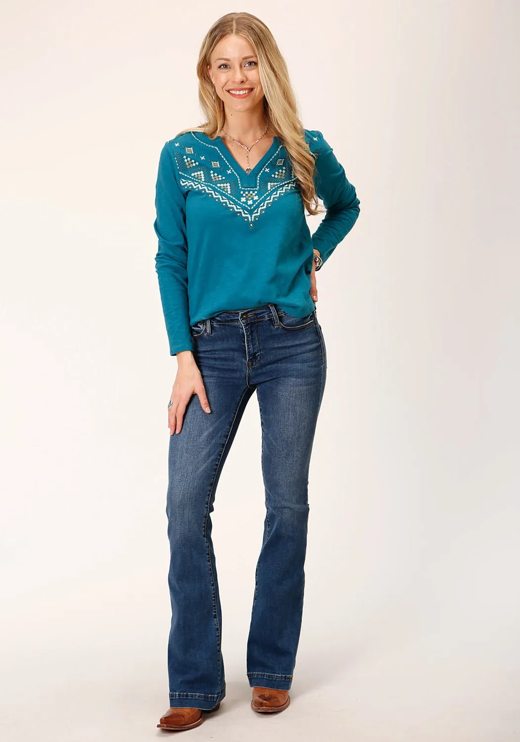 Roper Womens Geometric Yoke Teal 100% Cotton L/S T-Shirt Eco Friendly Fashion Lover Morning Stroll Neutral Daily Wear Adult Fashion