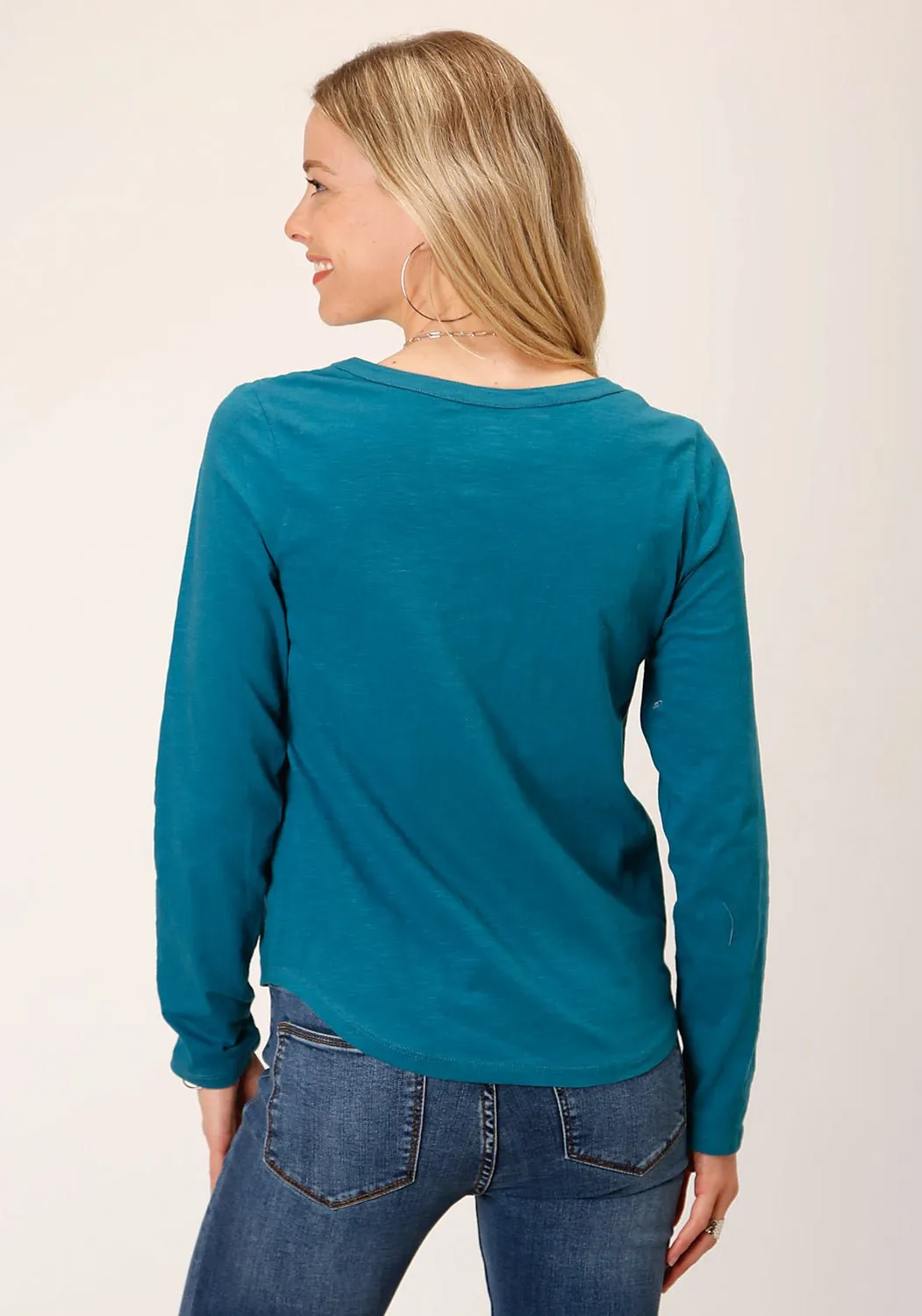 Roper Womens Geometric Yoke Teal 100% Cotton L/S T-Shirt Sleek Waistband