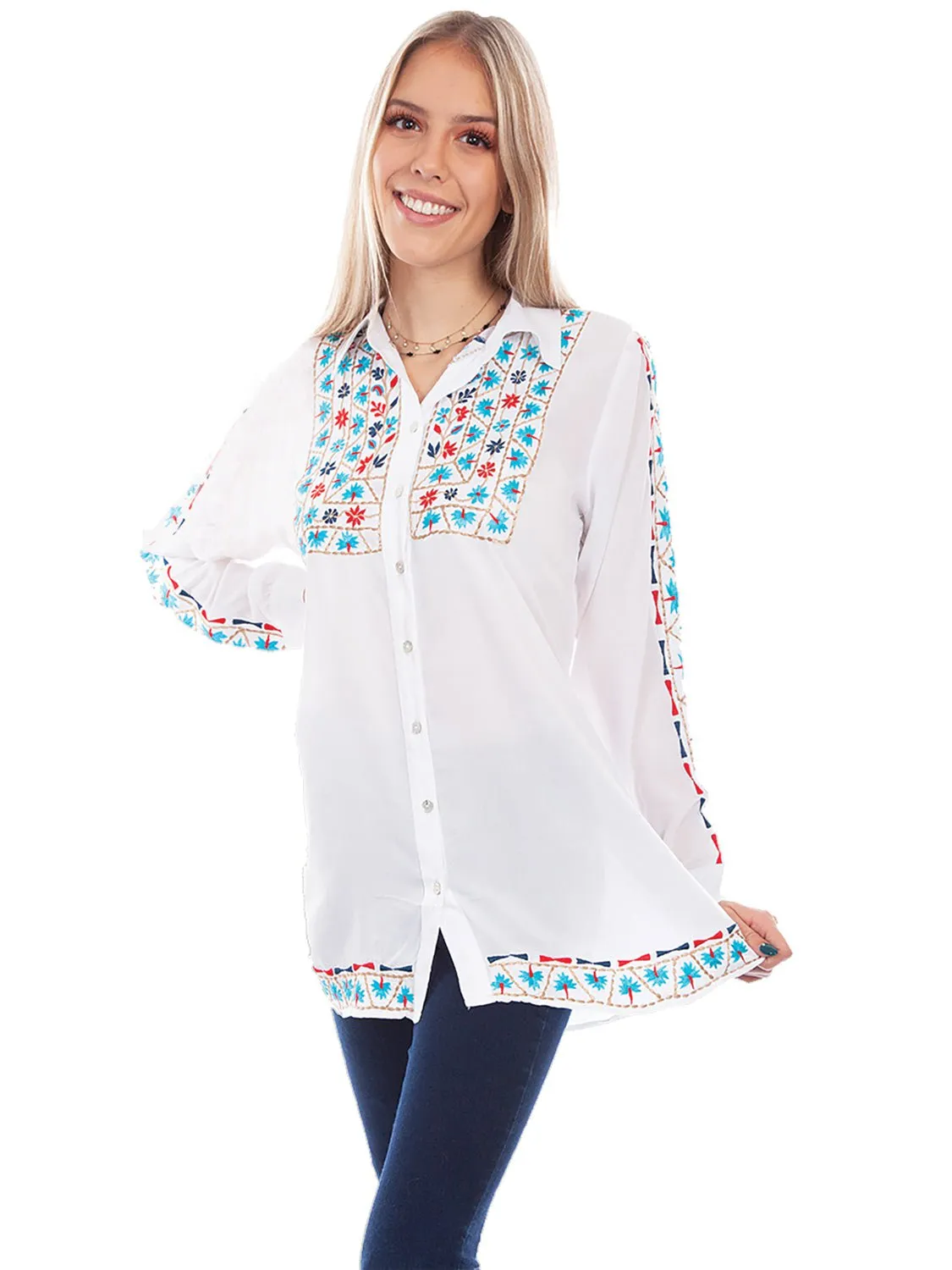 Casual Comfort Stylish Vibes Scully Womens White Viscose Vintage Geometric L/S Blouse