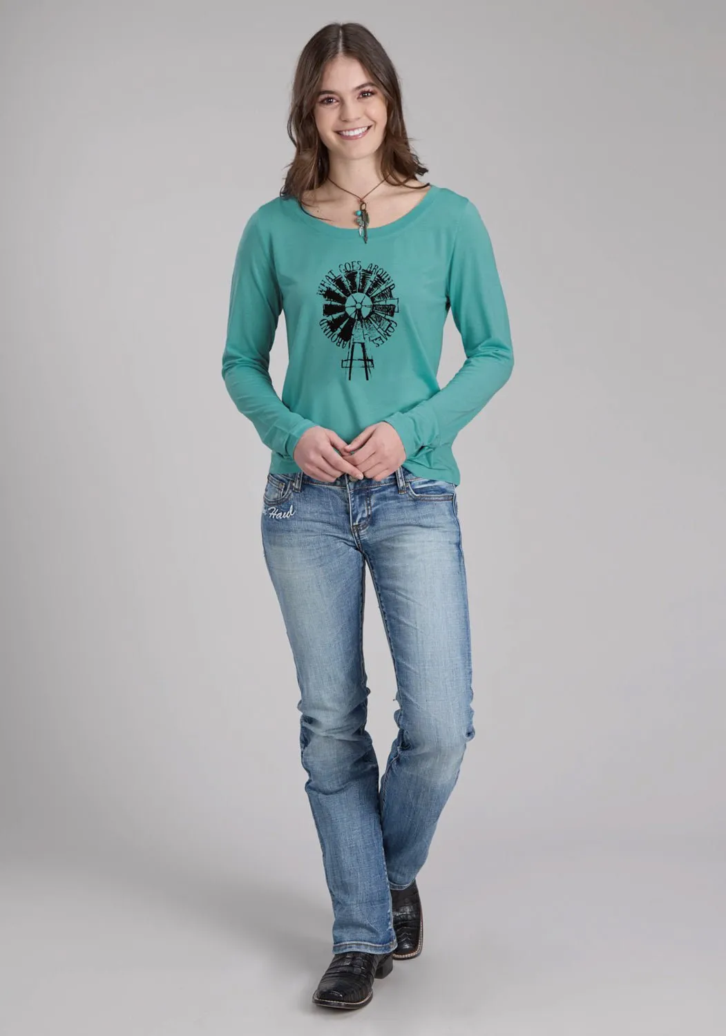 Popular Option Roper Womens What Goes Around Turquoise Poly/Rayon L/S T-Shirt