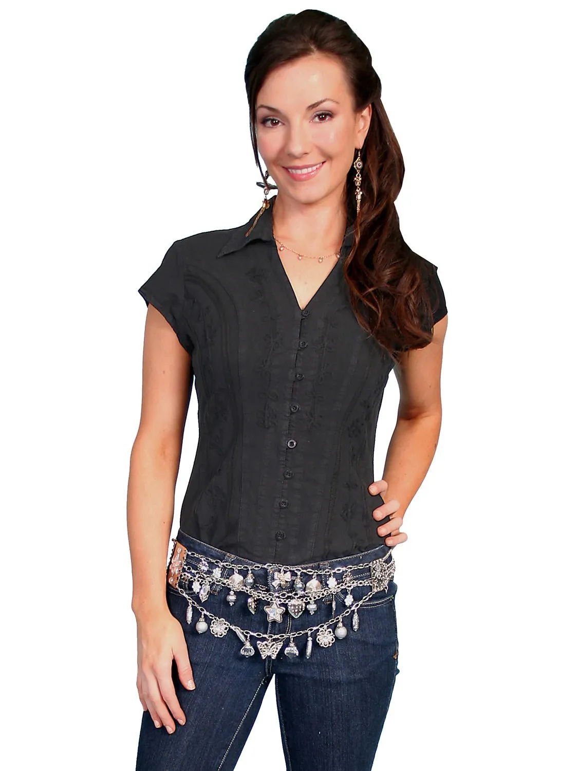 Scully Cantina Womens Black 100% Cotton Cap Sleeve Vine Blouse Layering Piece