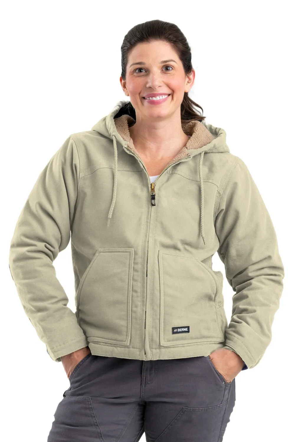 Berne Sand 100% Cotton Womens Softstone Hooded Coat Sherpa Eco Friendly Date Night Organic Cotton