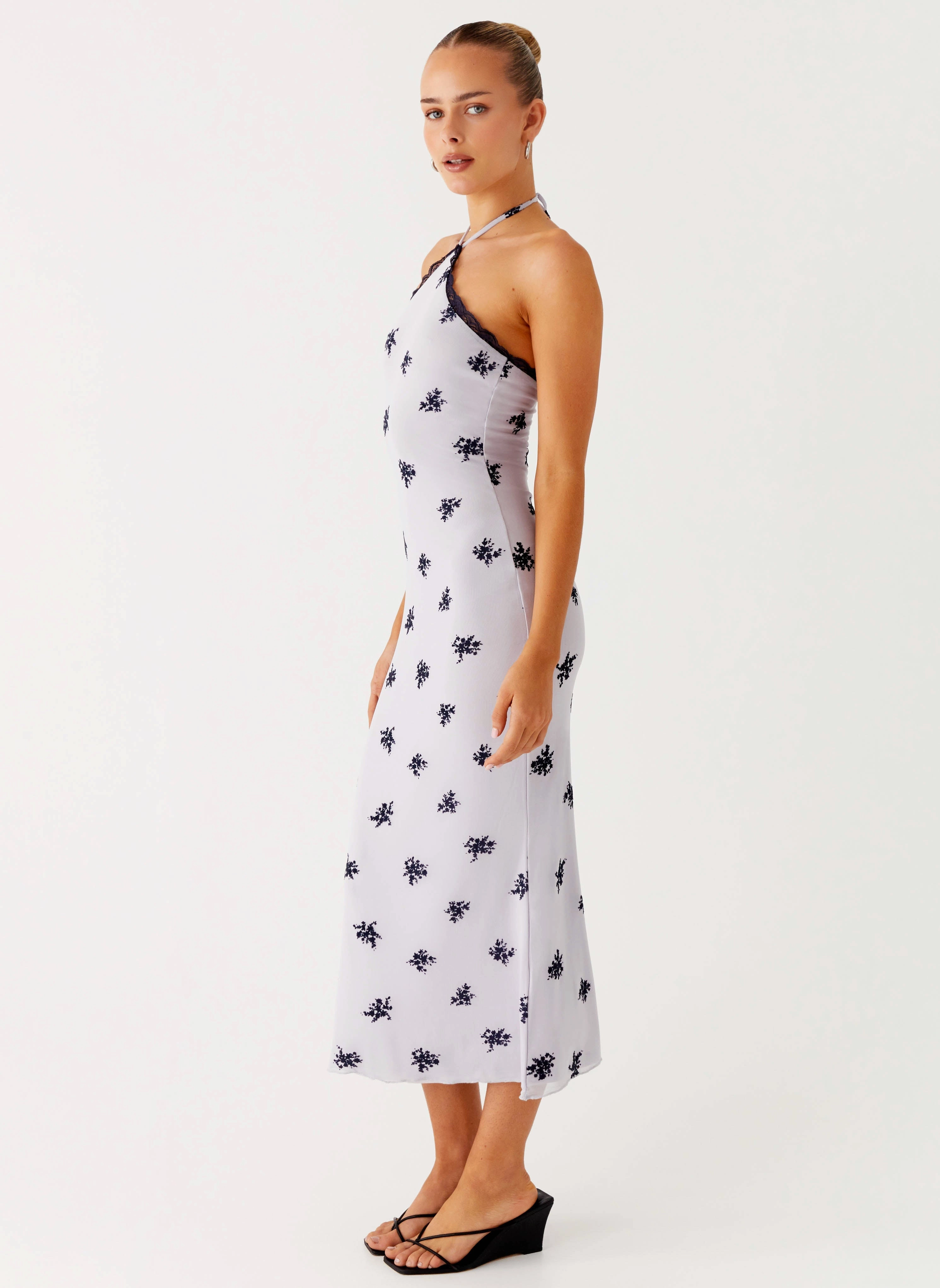 Nestel Flock Halter Midi Dress - Lilac Subtle Elegance