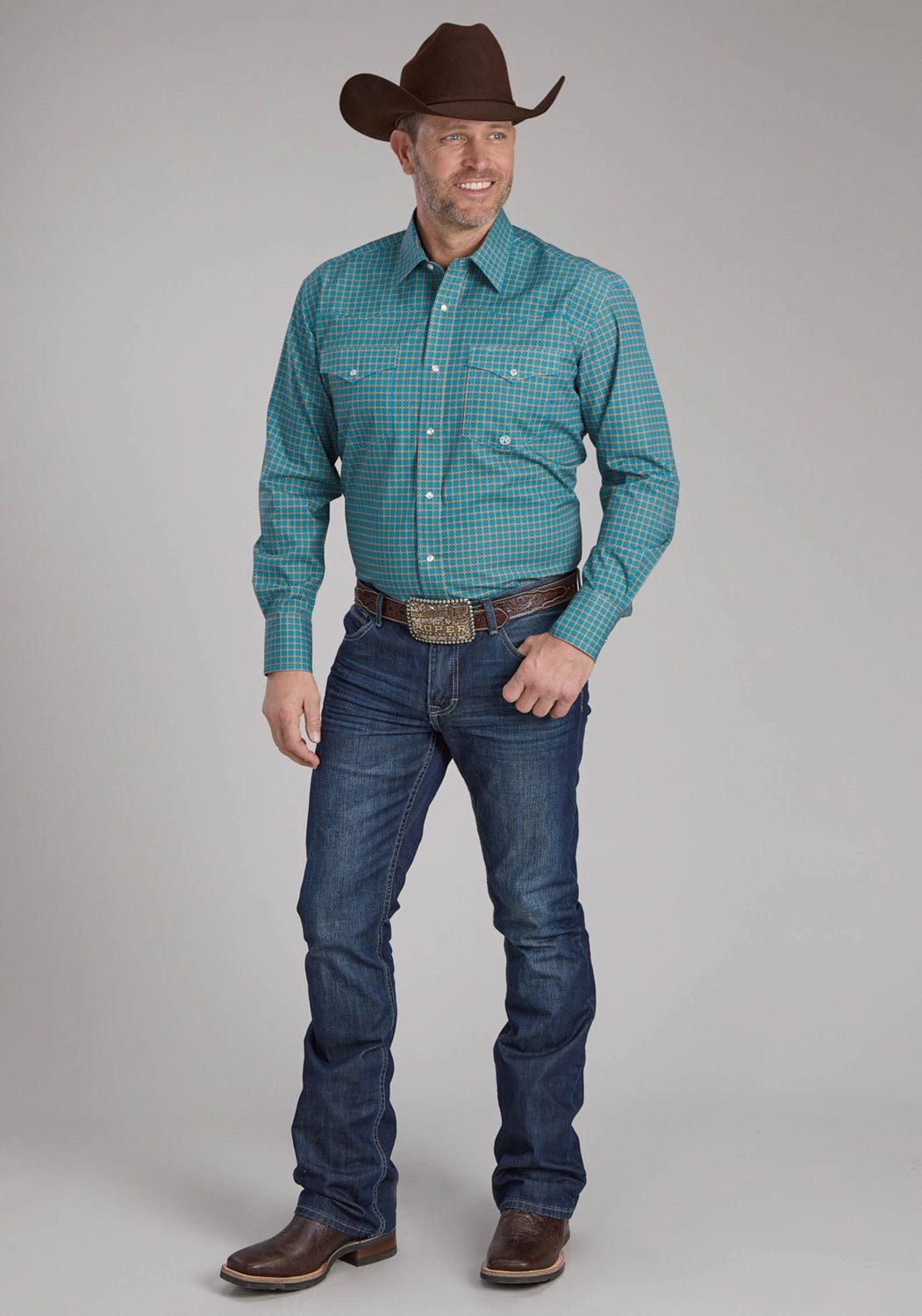 Stylish Detail Fitted Design Roper Mens 2244 Castile Foulard Turquoise 100% Cotton L/S Shirt