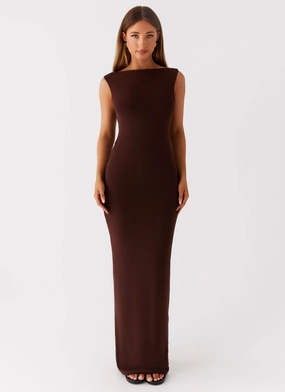 Versatile Chic Earthbound Muse Maxi Dress - Chocolate Drape Wave Earthbound Muse Maxi Dress - Chocolate