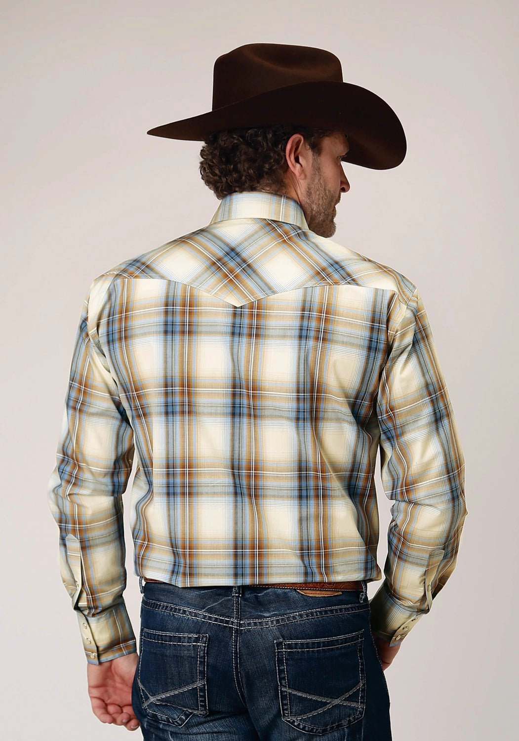 Roper Mens Desert Plaid Blue 100% Cotton L/S Shirt Unstructured Shoulder Active Design