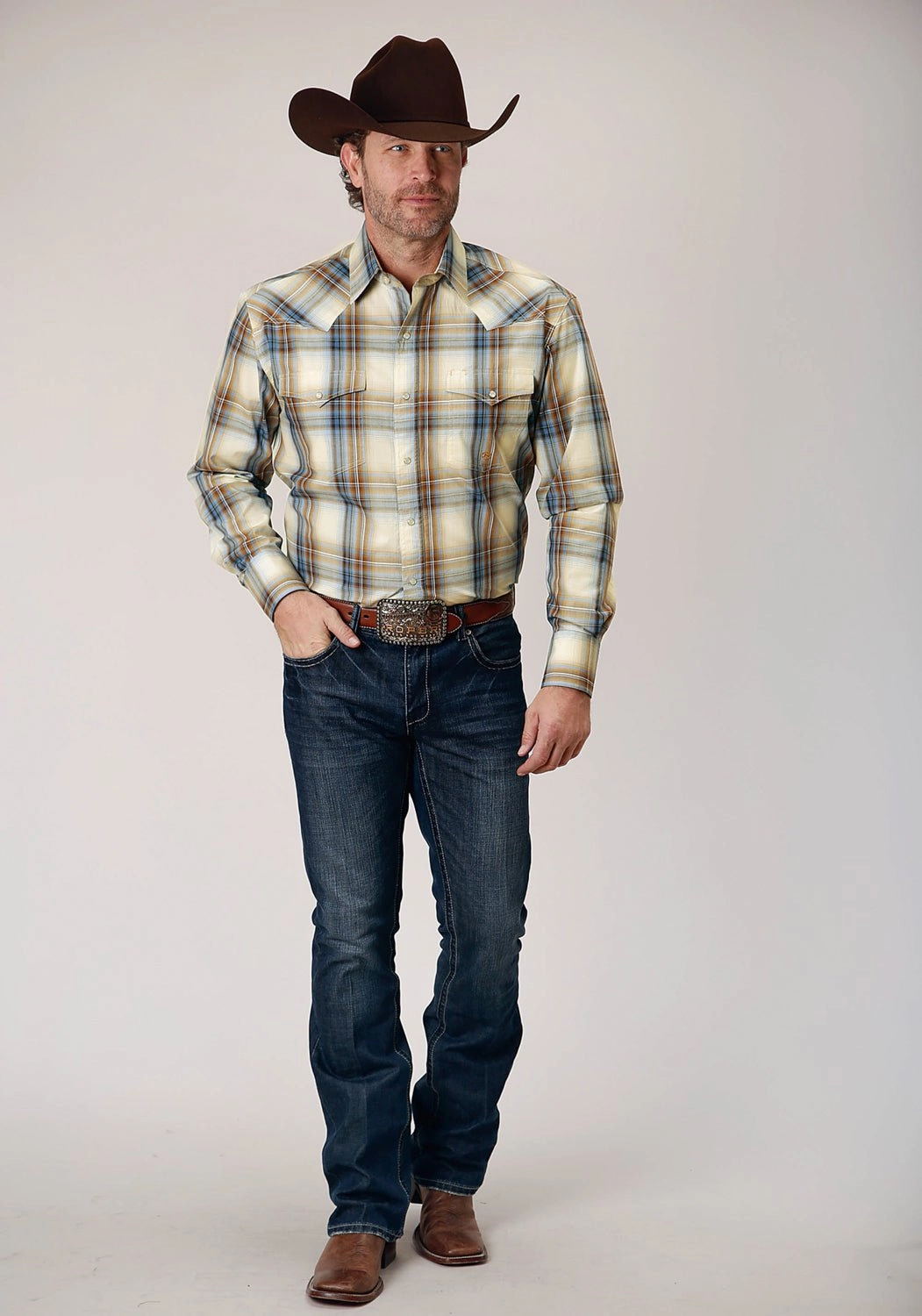 Roper Mens Desert Plaid Blue 100% Cotton L/S Shirt Trendy Look Team Building