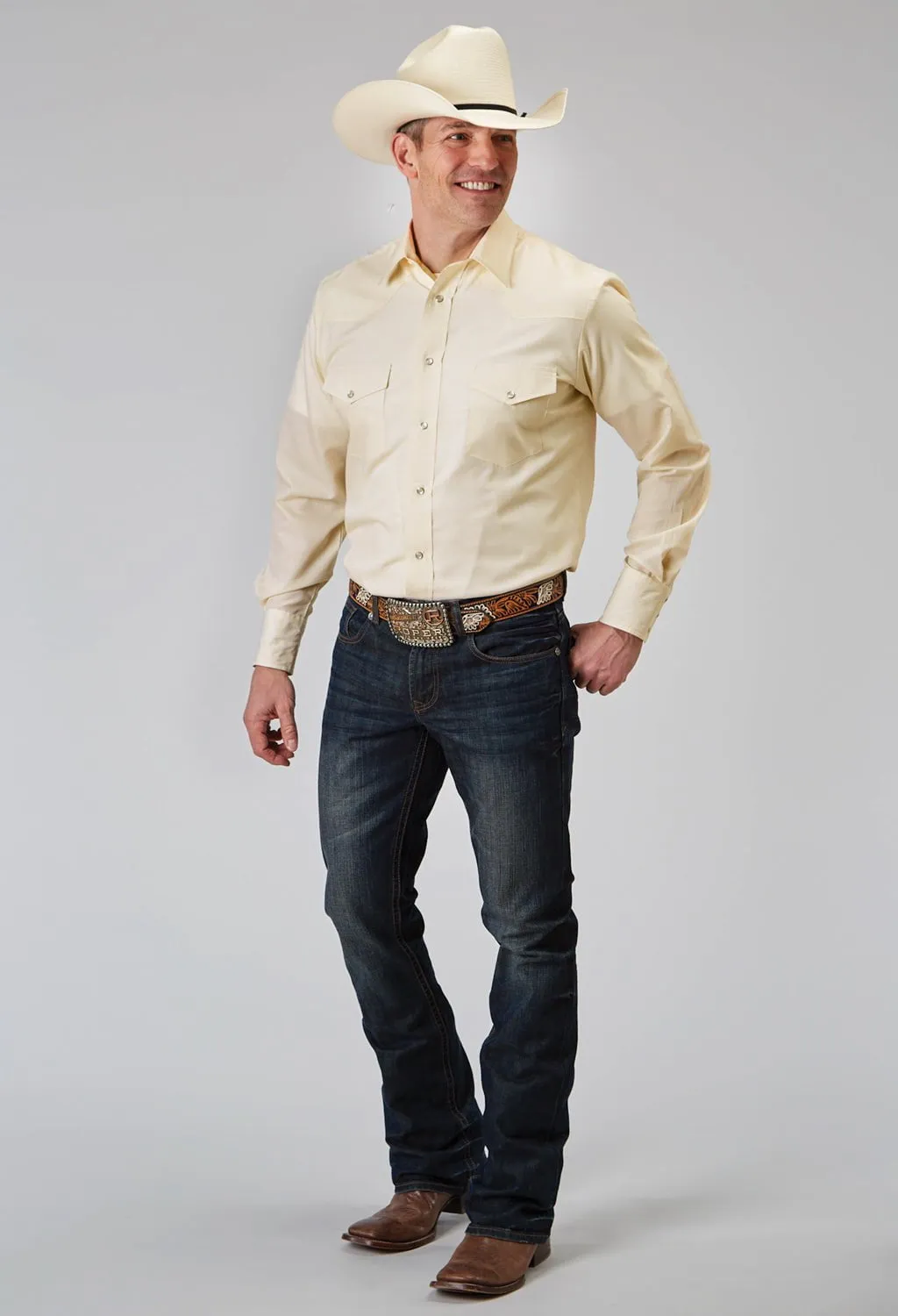 Reinforced Elasticity Roper Mens 1960 Tonal Stripe Cream Poly/Cotton L/S Shirt