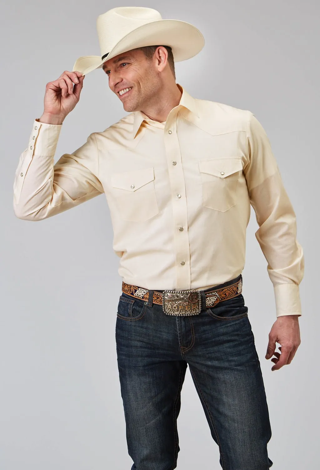 Thermal Regulation Fabric Hooded Neckline Roper Mens 1960 Tonal Stripe Cream Poly/Cotton L/S Shirt