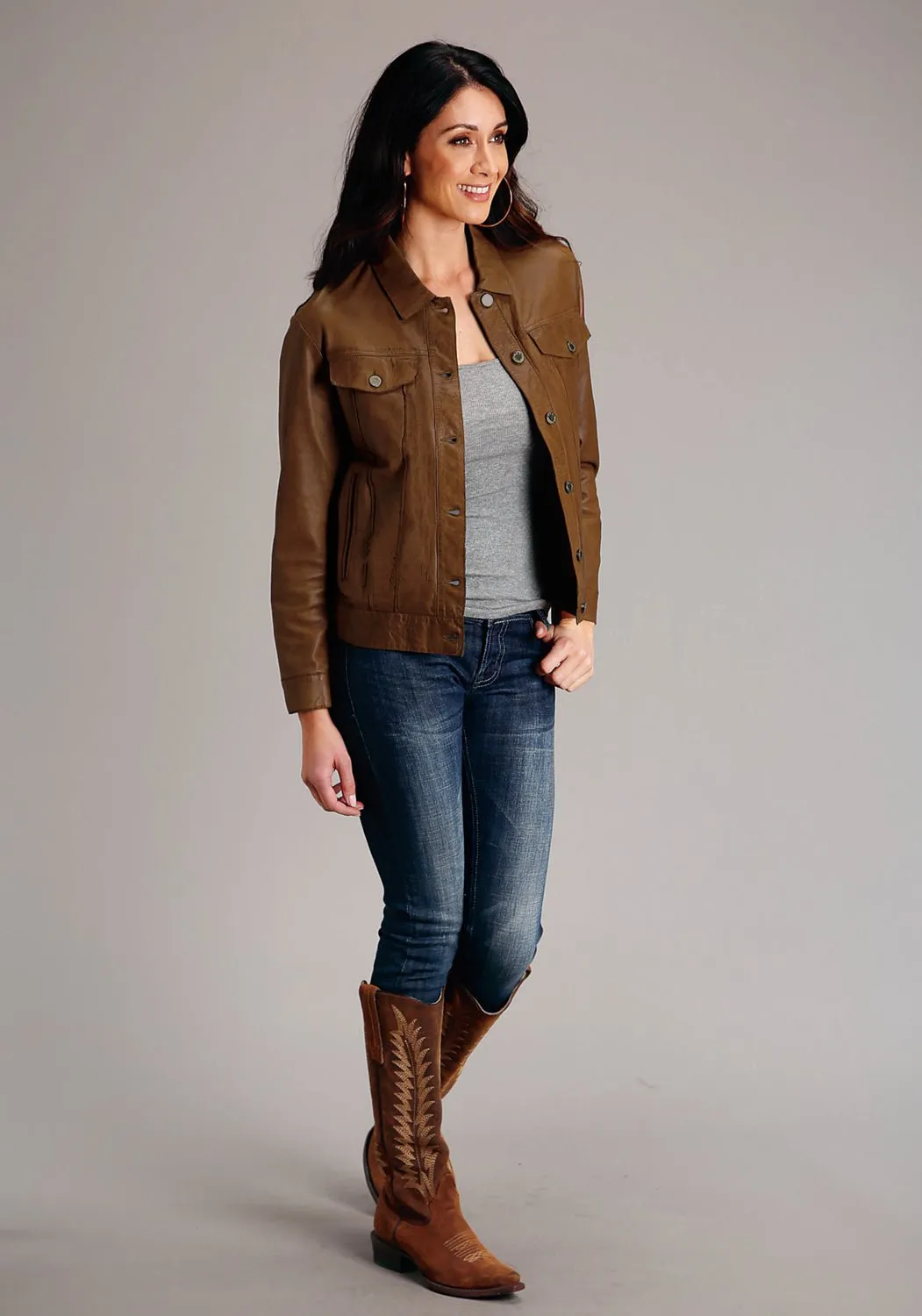 Spring Mood Smooth Work Meeting Clean Style Stetson Womens Smooth Jean Brown Leather Leather Jacket