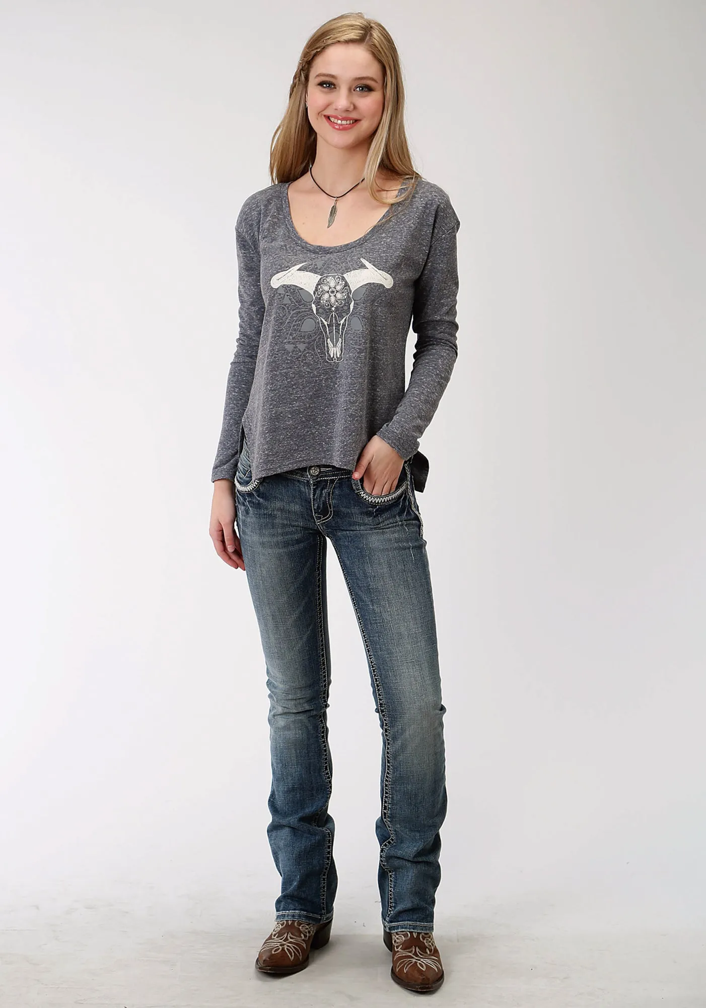 Breathable Minimalist Roper Longhorn Womens Navy Cotton Blend French Terry L/S T-Shirt