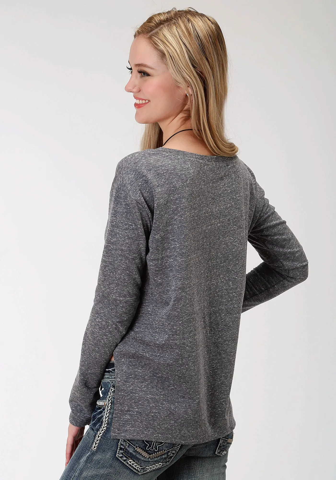 Roper Longhorn Womens Navy Cotton Blend French Terry L/S T-Shirt Urban Style