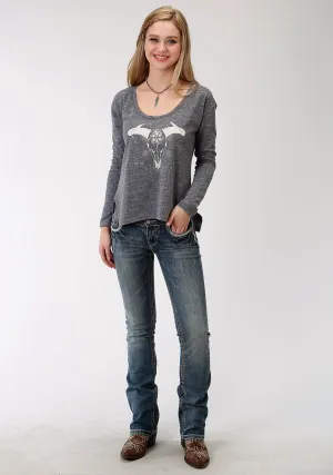 Vibrant Vision Roper Longhorn Womens Navy Cotton Blend French Terry L/S T-Shirt Slim Family Style Daily Wear Roper Longhorn Womens Navy Cotton Blend French Terry L/S T-Shirt