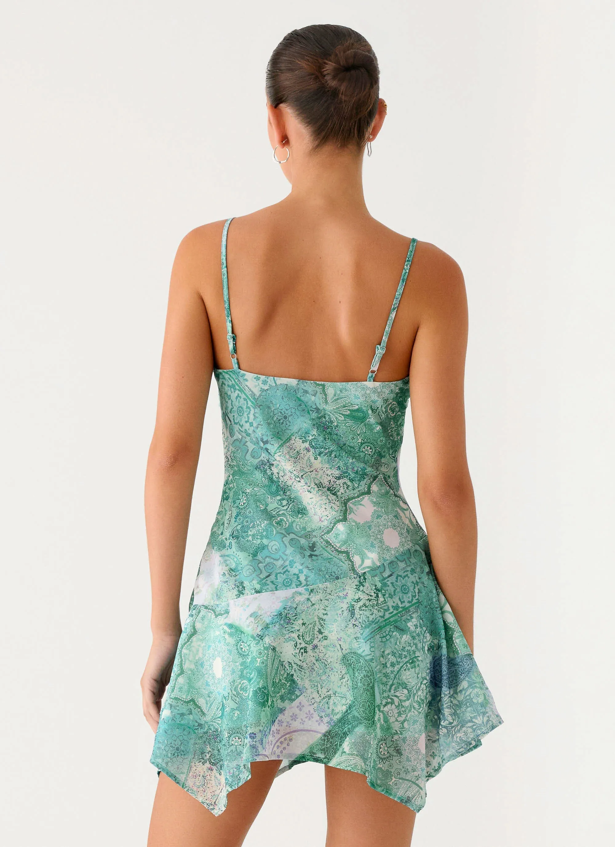 Body Confidence Marine Mist Asymmetric Hem Mini Dress - Green Paisley