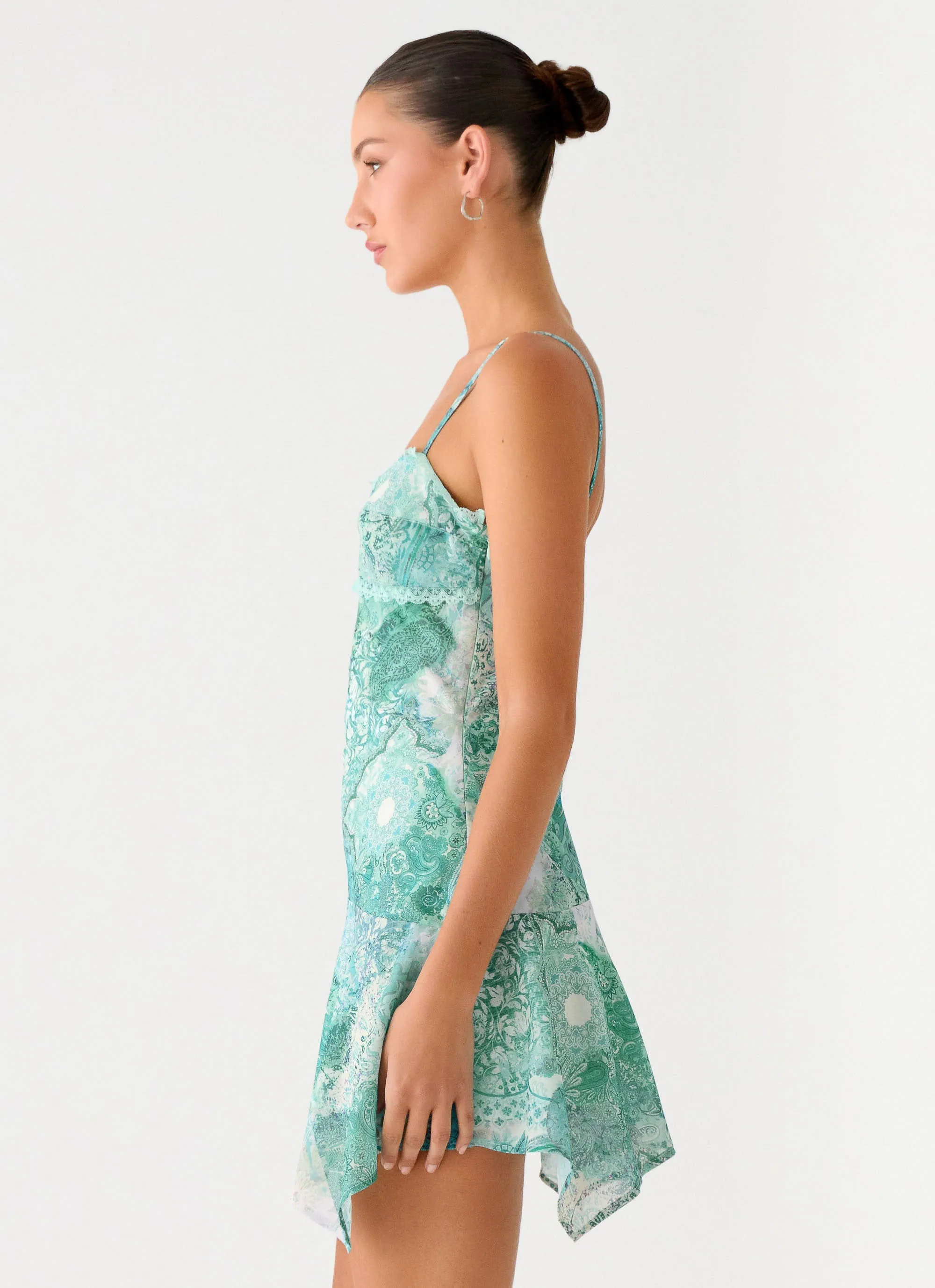 Belt Waist Marine Mist Asymmetric Hem Mini Dress - Green Paisley