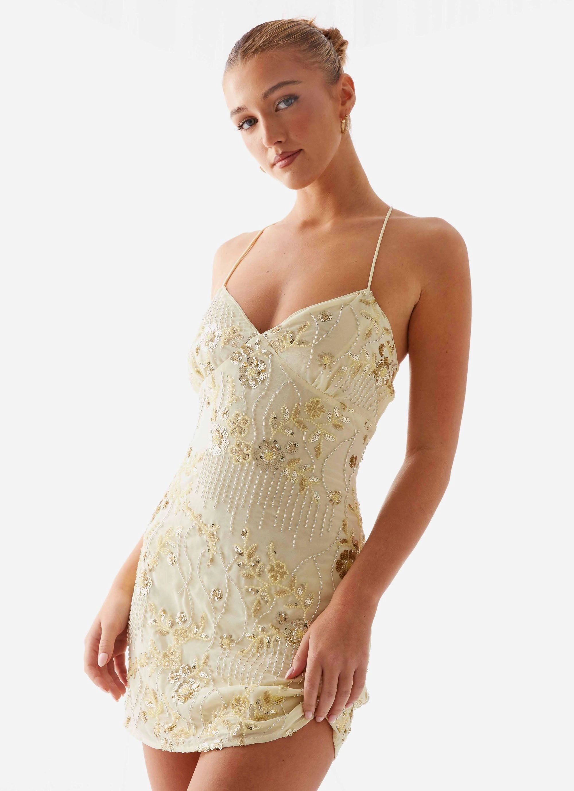 Vietta Sequin Cami Mini Dress - Yellow Grass Soft Modern and Feminine