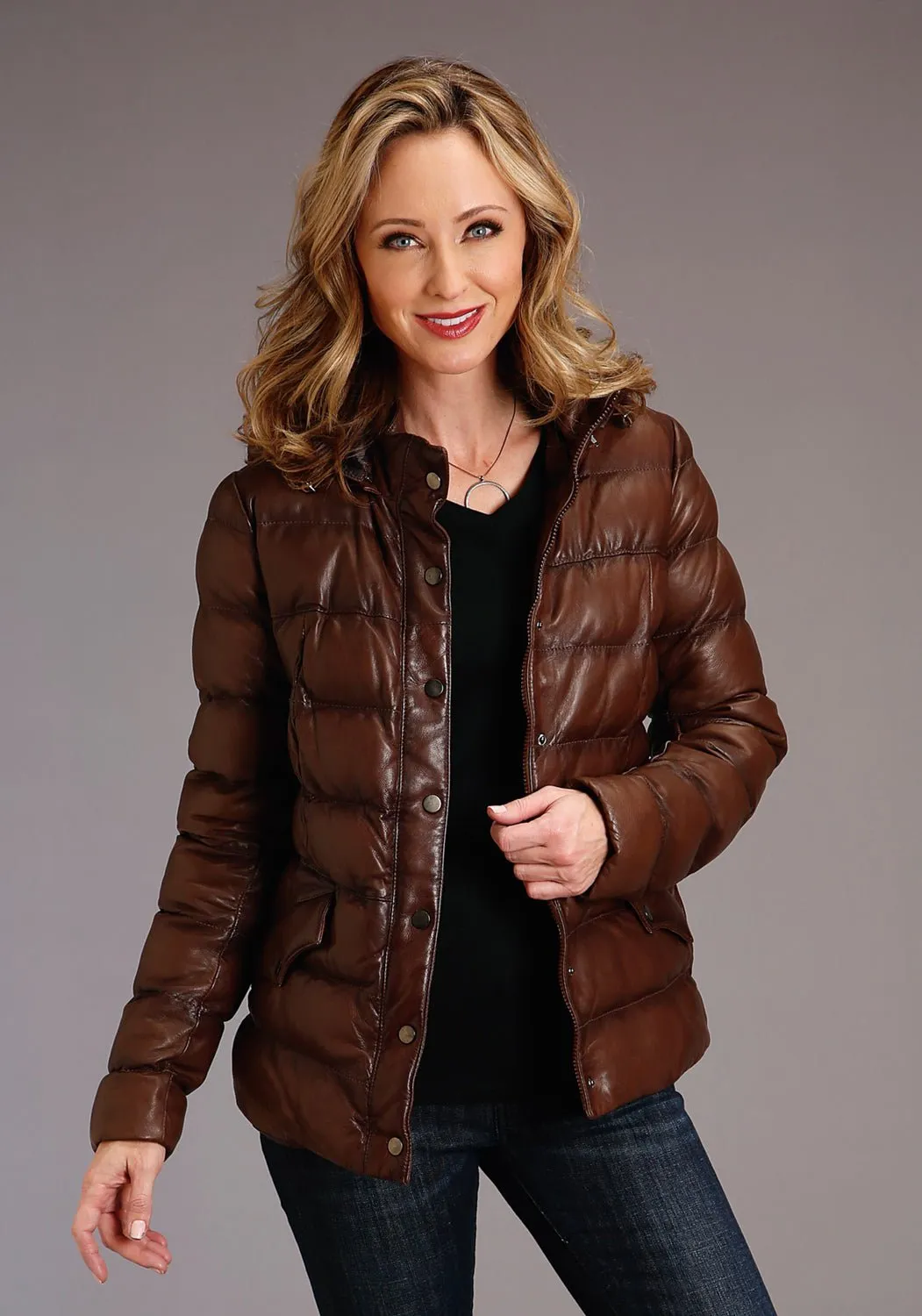 Stetson Womens Antique Brown Leather Puffy Jacket Everyday Classic Wear Comfy Tailored Design