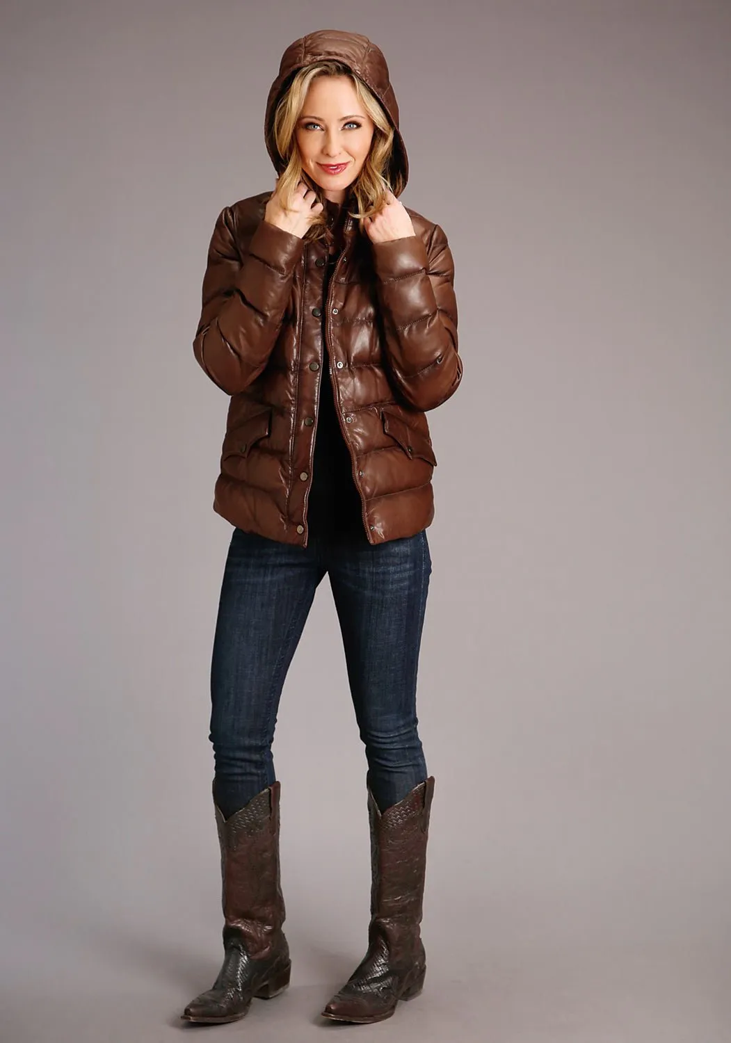 Stetson Womens Antique Brown Leather Puffy Jacket Popular Staple
