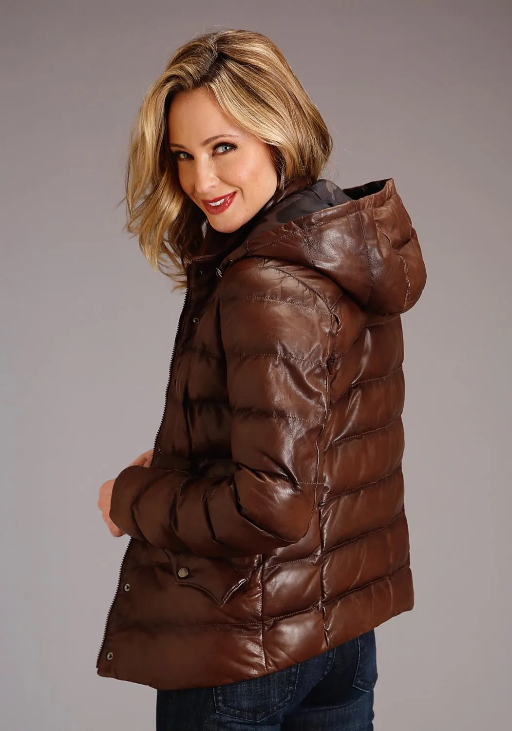 Sleek Waist Design Stetson Womens Antique Brown Leather Puffy Jacket