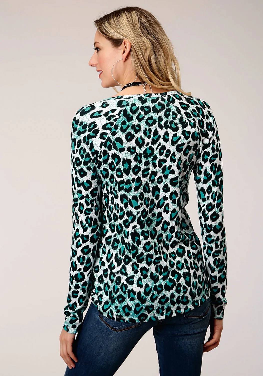 Weekend Ready Roper Womens Blue Polyester Leopard Print L/S Tunic