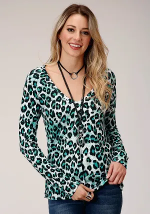 Vintage feel Roper Womens Blue Polyester Leopard Print L/S Tunic Faded Wash Roper Womens Blue Polyester Leopard Print L/S Tunic