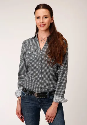 Vintage Flow Roper Womens Black 100% Cotton Diamond Star Geo L/S Snap Shirt Roper Womens Black 100% Cotton Diamond Star Geo L/S Snap Shirt Chic Essentials Low Impact Manufacturing