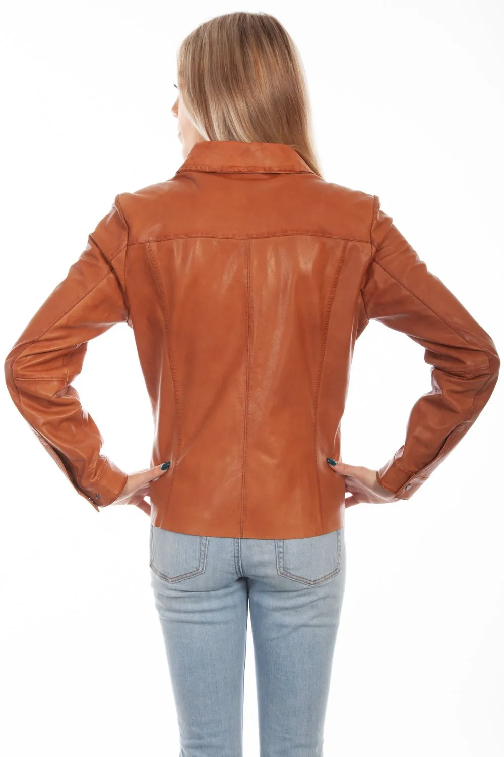 Scully Womens Cognac Lamb Leather Contemporary Snap Jacket Recycled Fiber Content