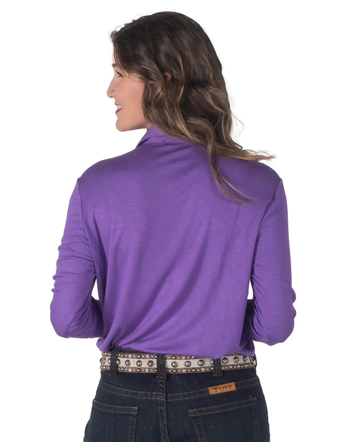 Premium Style Cowgirl Tuff Womens Pullover Button-Up Purple Polyester L/S Shirt