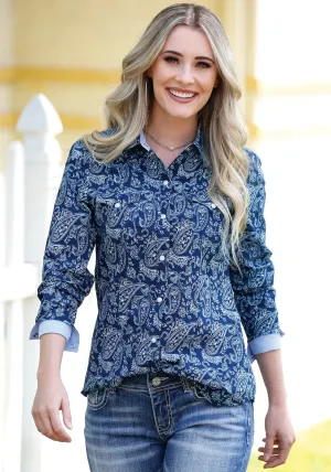 Vintage Look Tin Haul Womens Lucky Paisley Blue 100% Cotton L/S Shirt Vibrant color Tin Haul Womens Lucky Paisley Blue 100% Cotton L/S Shirt