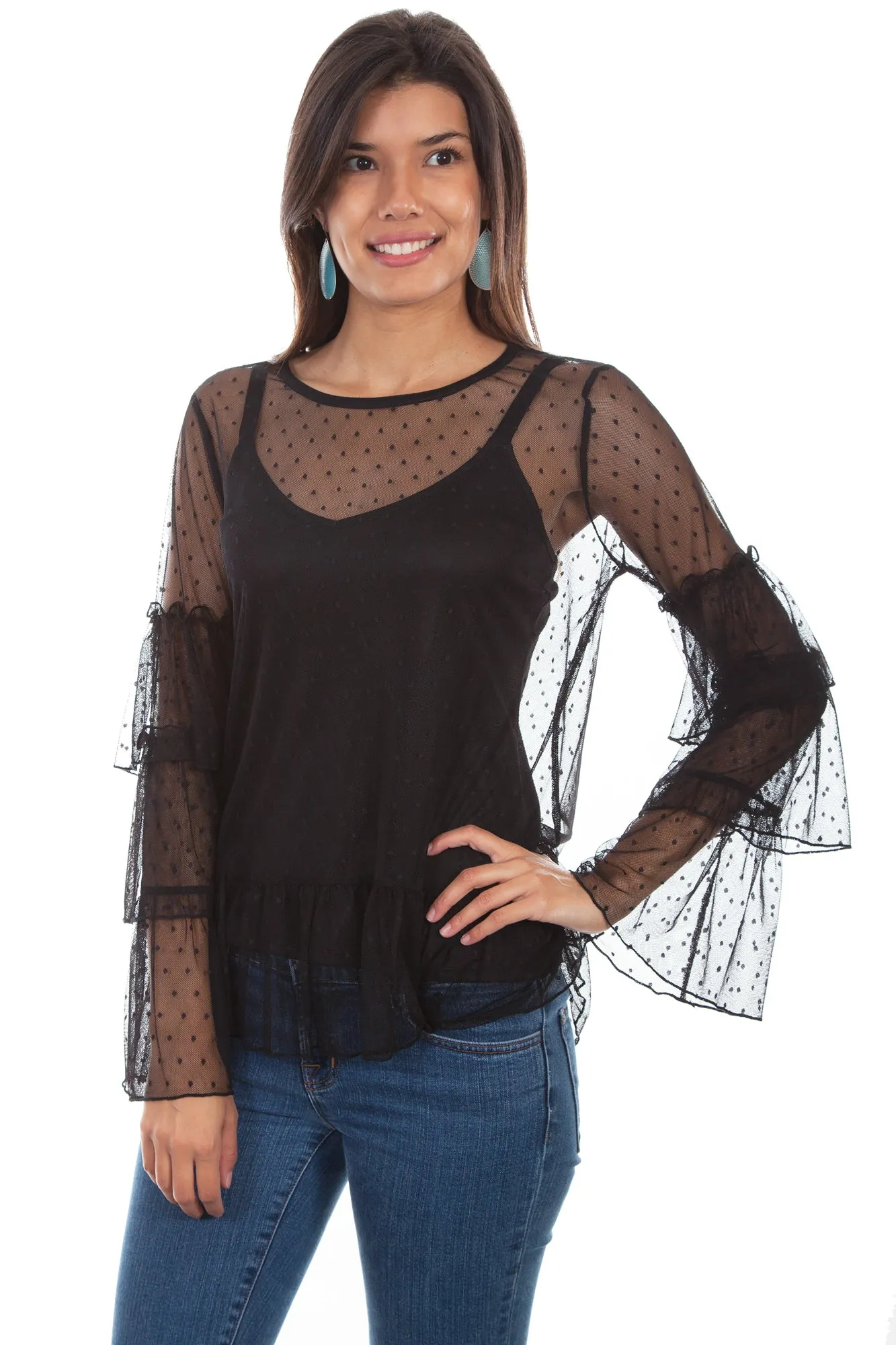 Scully Womens Black Nylon 2 Pc Swiss Dot L/S Tunic Easy Outfit Chill Comfort