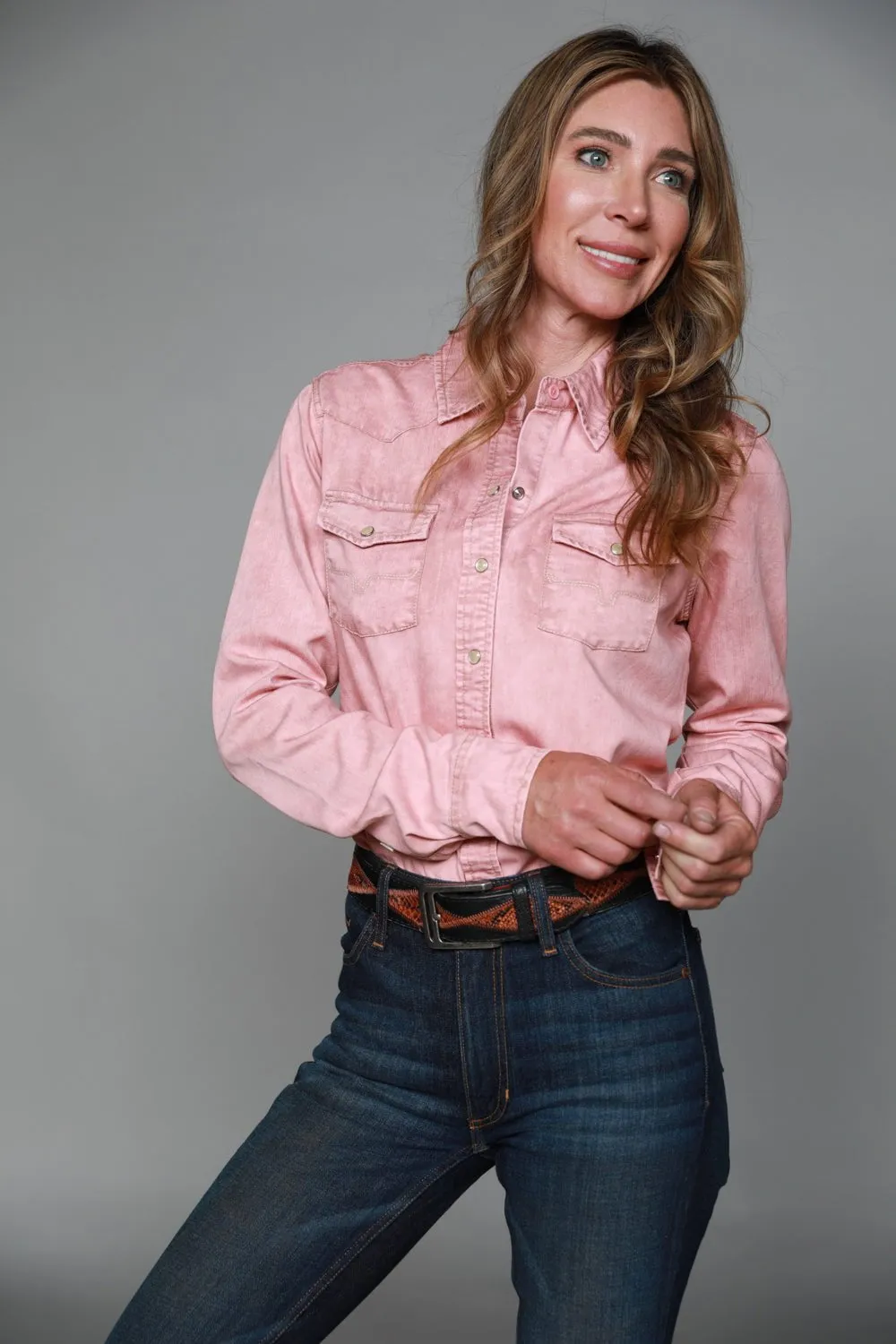 Kimes Ranch Womens KC Top Pink Heather 100% Tencel L/S Western Shirt Functional Pocket