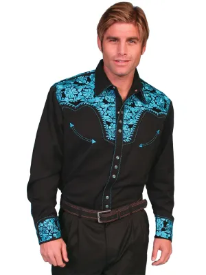 Vintage Vibes Scully Mens Shirt Western Turquoise Poly Blend Floral Tooled Stitch L/S Scully Mens Shirt Western Turquoise Poly Blend Floral Tooled Stitch L/S Contemporary Look