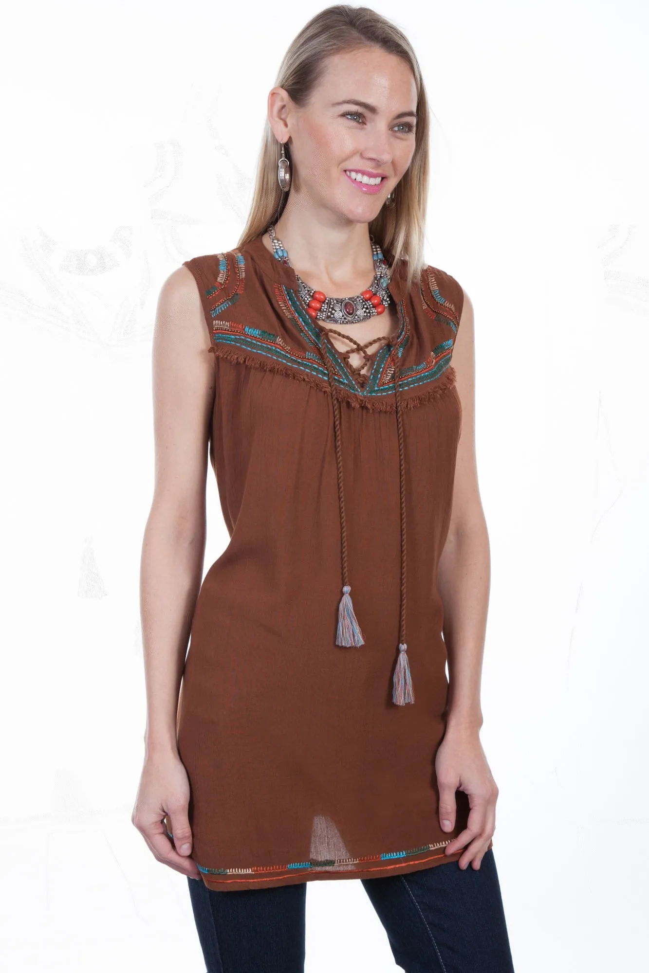 Comfy Design Unisex Option Scully Womens Cinnamon Viscose Embroidered S/L Tunic