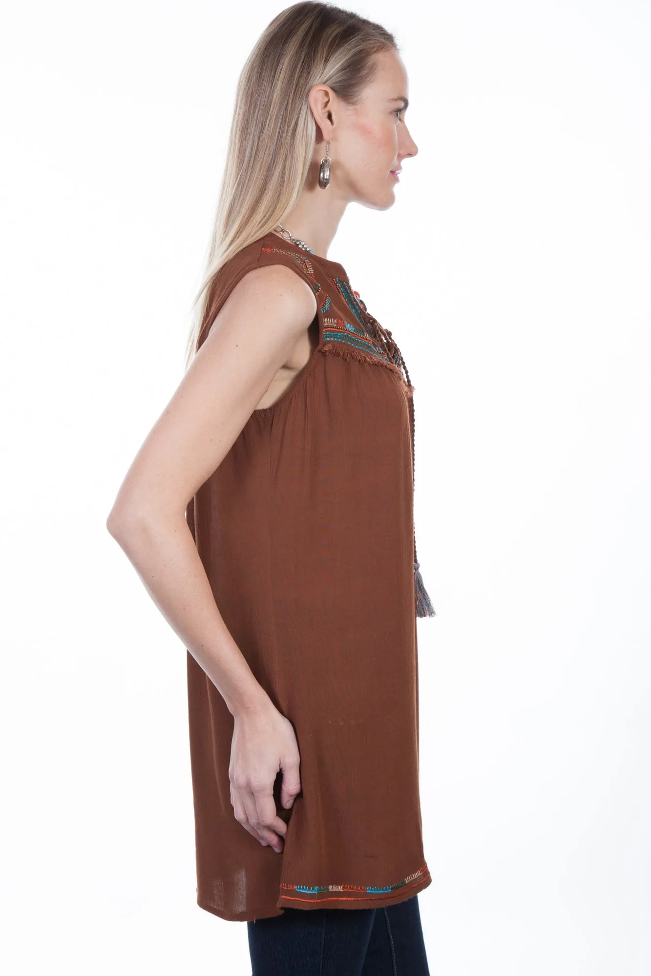 Scully Womens Cinnamon Viscose Embroidered S/L Tunic Weekend Style Day-To-Night Wear