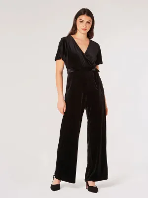 Visible Seam Flutter Sleeve Velvet Jumpsuit in Black Flutter Sleeve Velvet Jumpsuit in Black Vibrant pattern