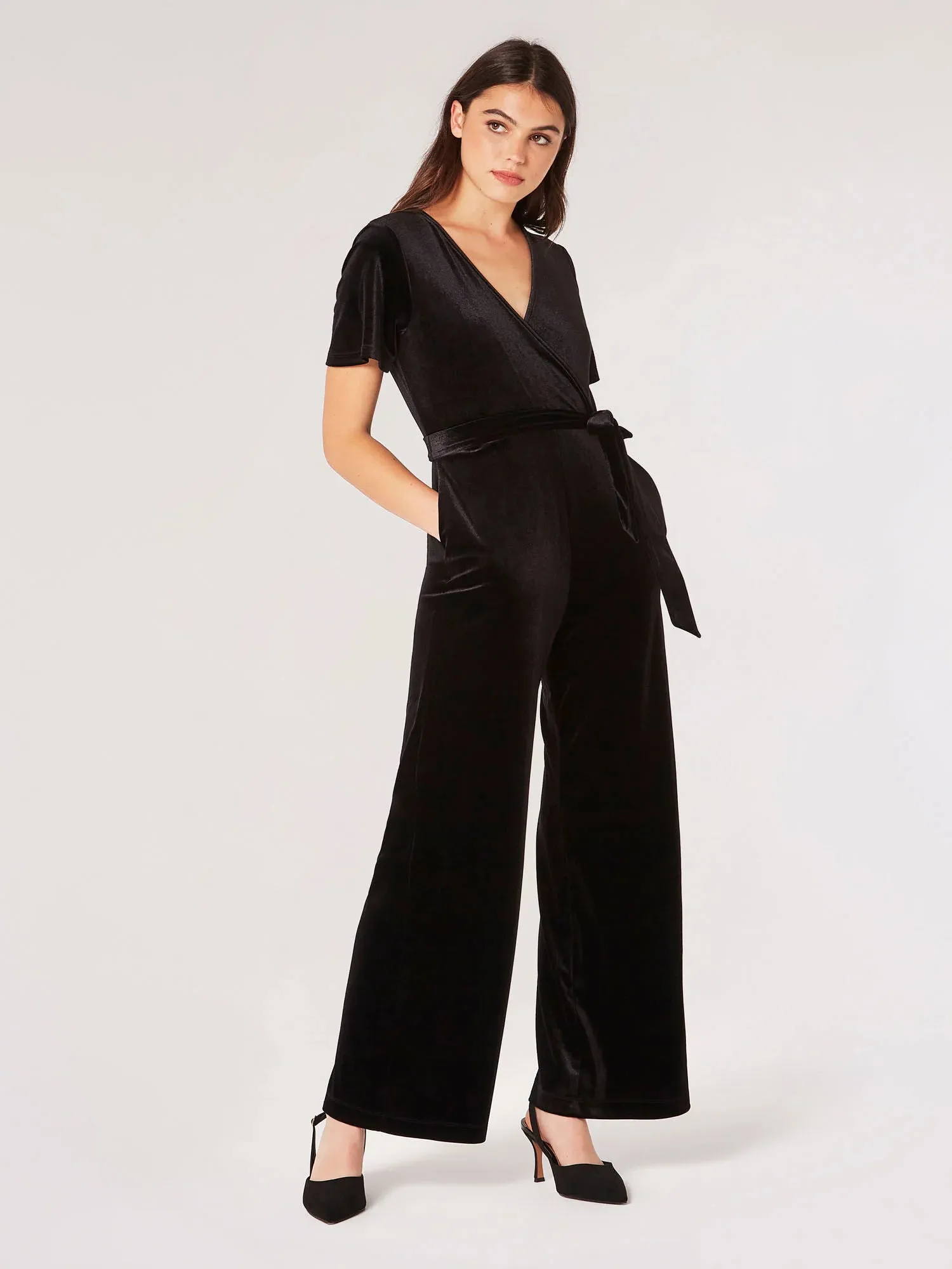 Flutter Sleeve Velvet Jumpsuit in Black Easy Look