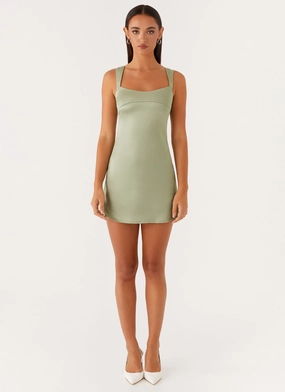 Visible Seam Odette Satin Mini Dress - Sage Hand-Wash Lawn Soft Odette Satin Mini Dress - Sage