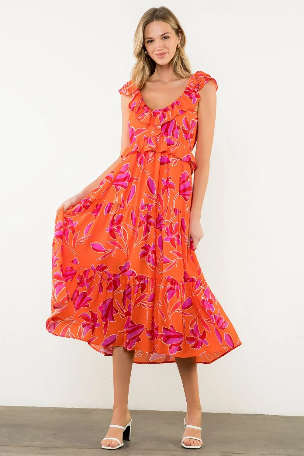 Minimal Aesthetic Flutter Sleeve Flower Print Midi Dress in Orange/Pink