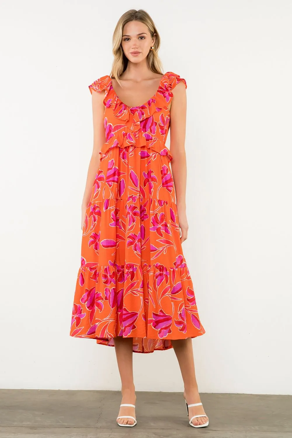 Lounge Ready Flutter Sleeve Flower Print Midi Dress in Orange/Pink