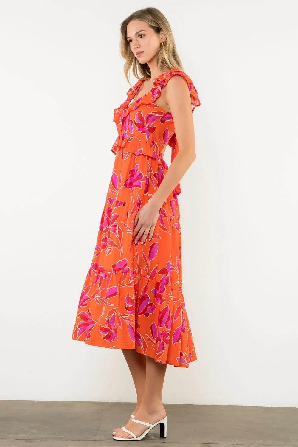 Flutter Sleeve Flower Print Midi Dress in Orange/Pink Geometric-pattern