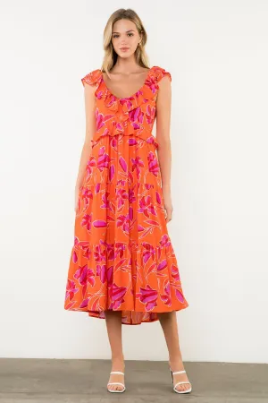 Wardrobe Essential Flutter Sleeve Flower Print Midi Dress in Orange/Pink Lounge Ready Flutter Sleeve Flower Print Midi Dress in Orange/Pink