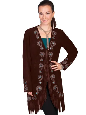 Wardrobe Fit Scully Leather Womens Fringe Silver Embroidered Boar Suede Jacket Expresso comfortable length Scully Leather Womens Fringe Silver Embroidered Boar Suede Jacket Expresso