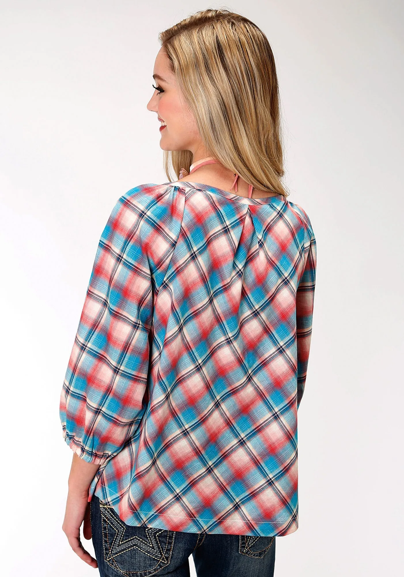Flexible Mobility Roper Plaid Womens Red 100% Cotton Desert Sunrise S/S Blouse