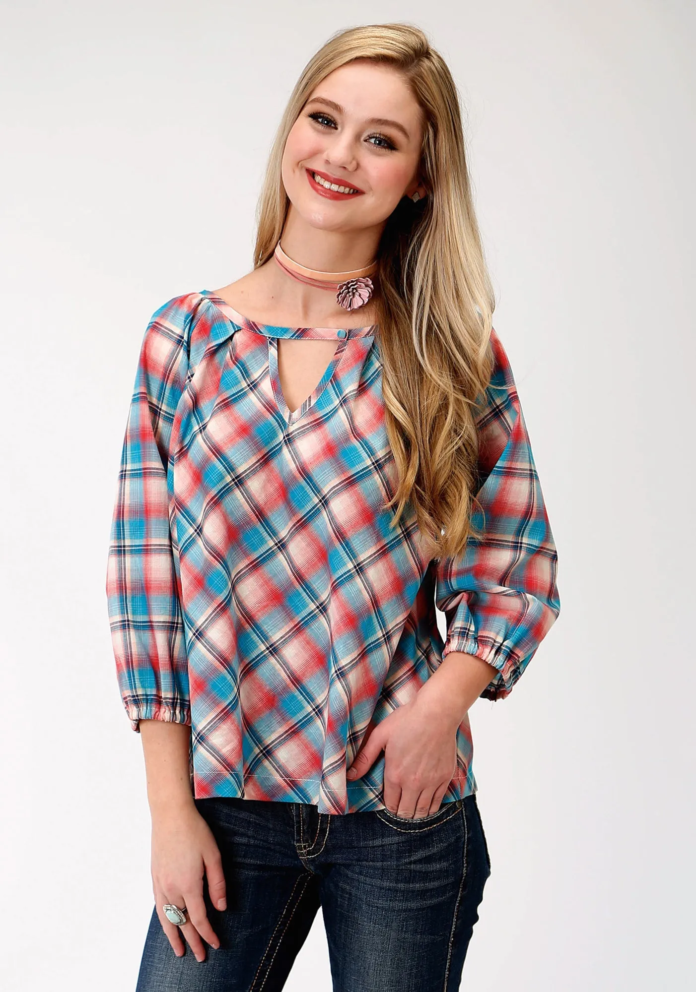 Classic Comfort Classic Fit Roper Plaid Womens Red 100% Cotton Desert Sunrise S/S Blouse