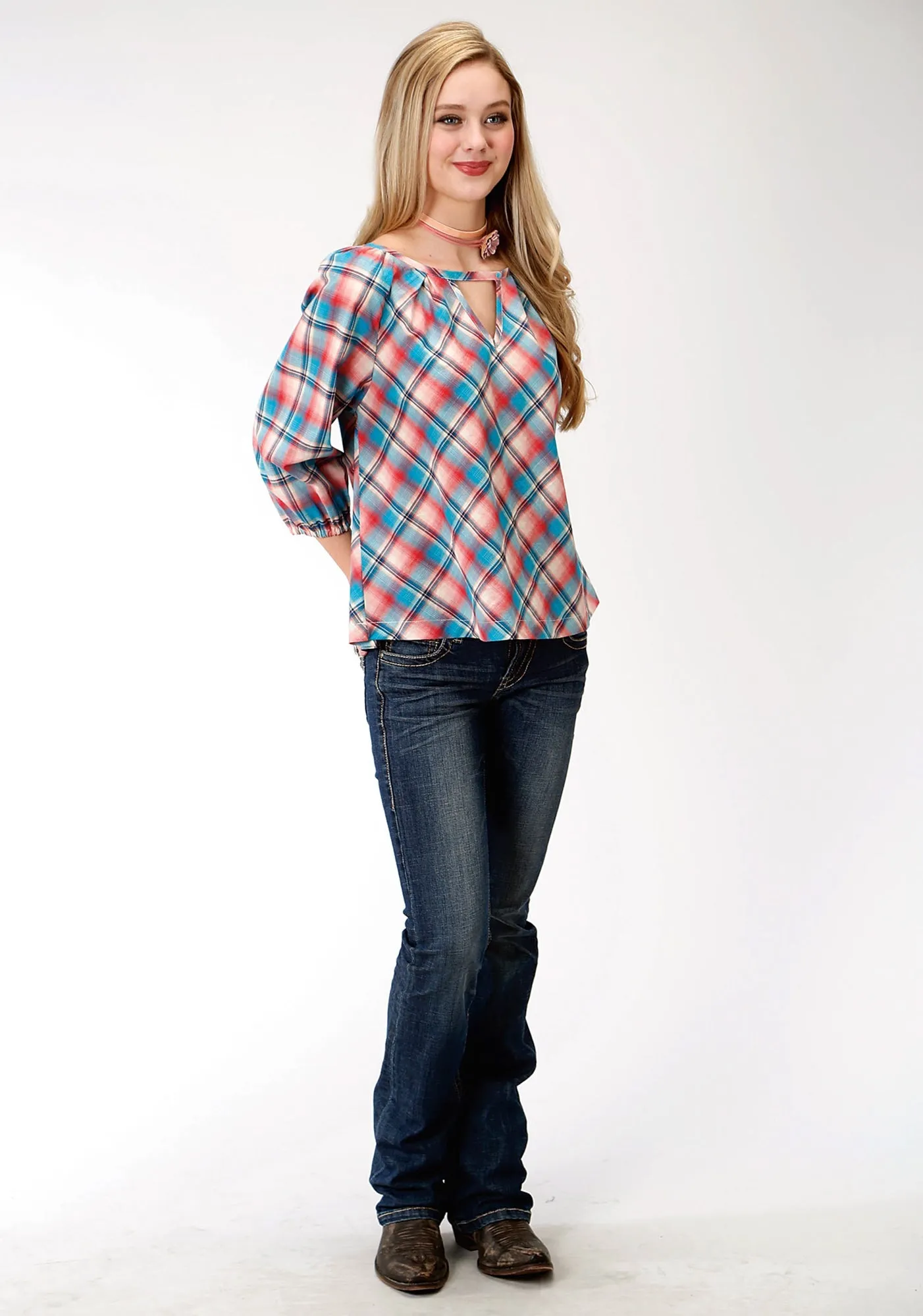 Roper Plaid Womens Red 100% Cotton Desert Sunrise S/S Blouse Petite Cut