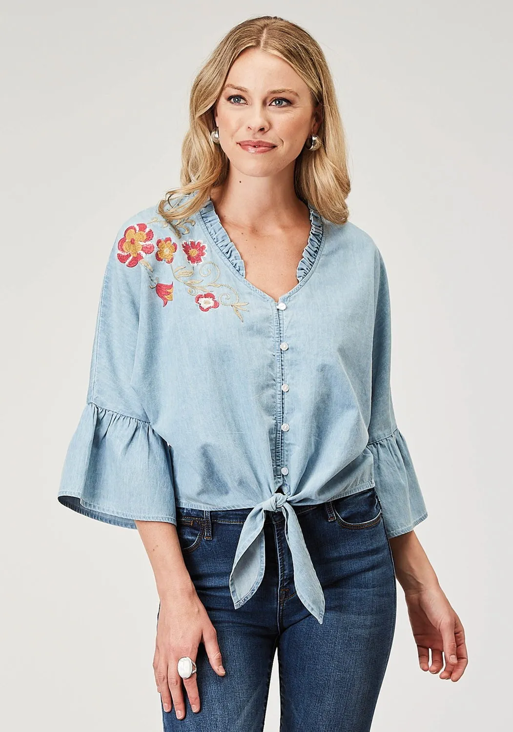 Roper Womens Feminine Denim Blue 100% Cotton L/S Blouse Business Meeting