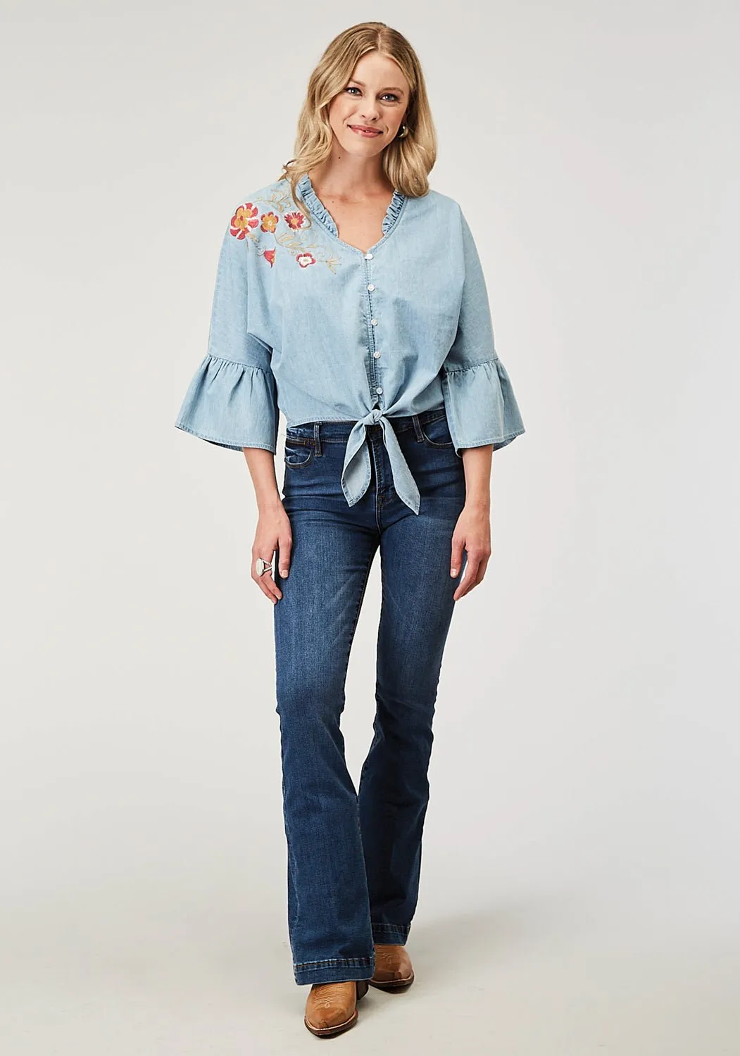 Roper Womens Feminine Denim Blue 100% Cotton L/S Blouse Floral Motif