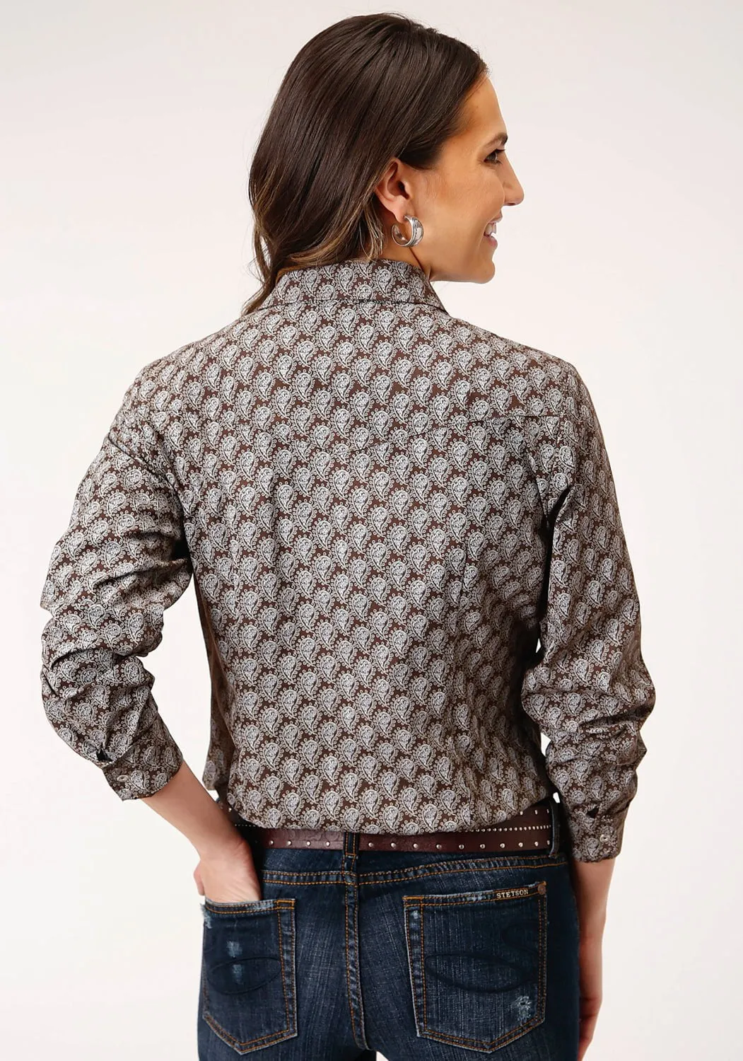 Loose Comfort Versatile Clothing Roper Womens Tear Drop Brown Cotton Blend L/S Shirt