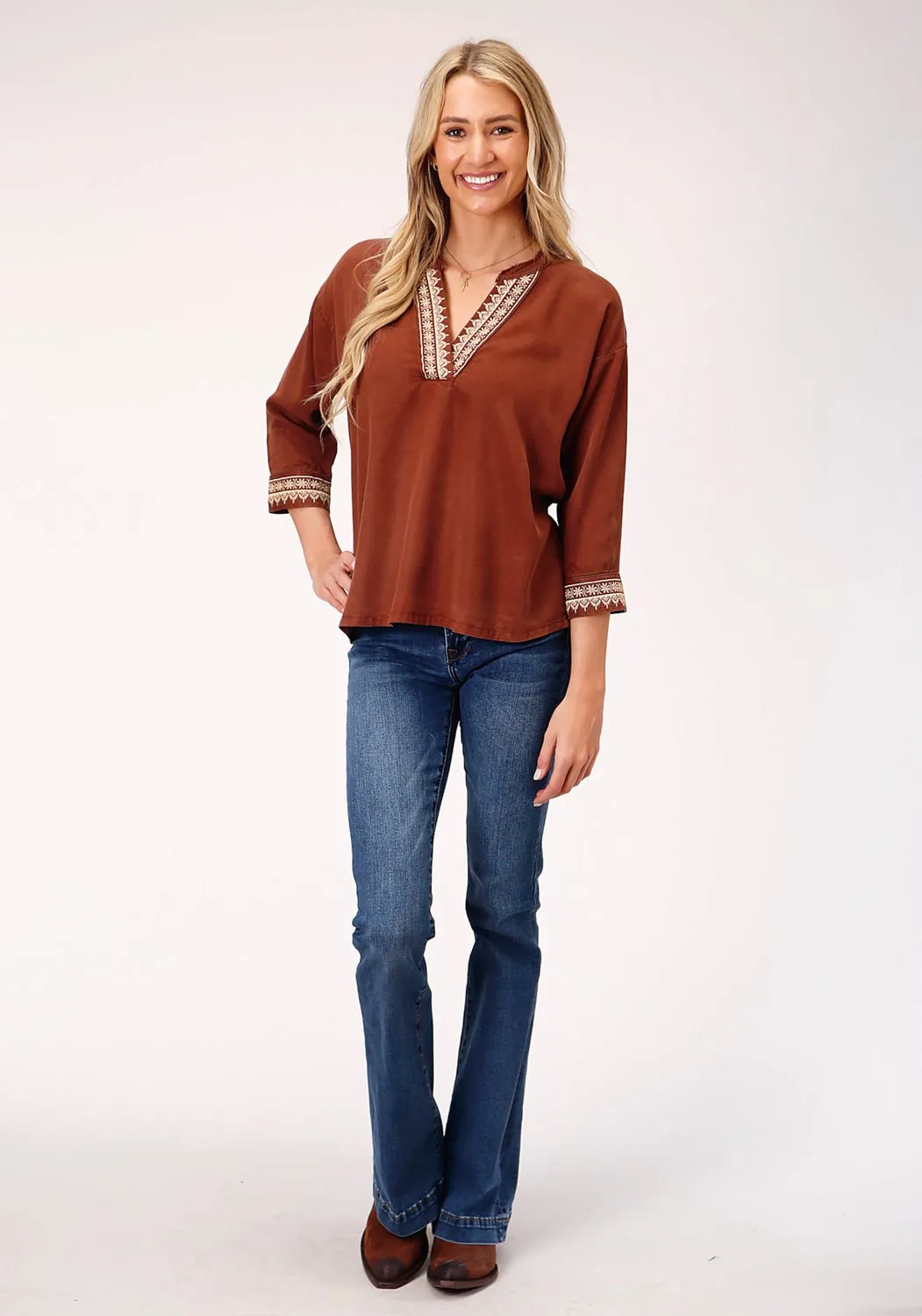Sporty Design Short Sleeve Stetson Womens Tobacco Denim Peasant 3/4 Sleeve Blouse